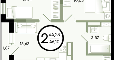 2-к. квартира, 46&nbsp;м²