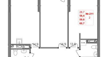 2-к. квартира, 59&nbsp;м²