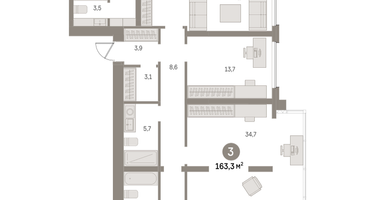 3-к. квартира, 163&nbsp;м²