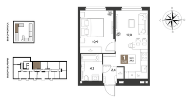 1-к. квартира, 34&nbsp;м²