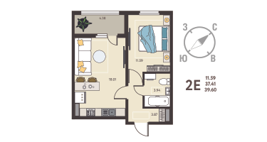 1-к. квартира, 39&nbsp;м²
