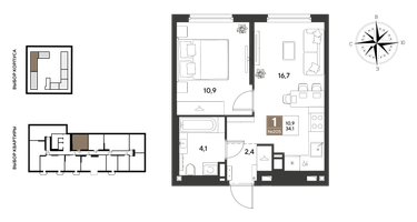 1-к. квартира, 34 м²