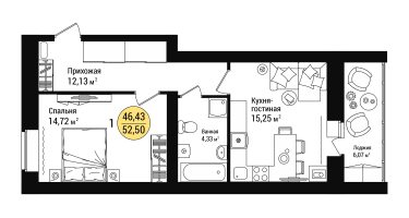 1-к. квартира, 52&nbsp;м²