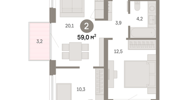 2-к. квартира, 59&nbsp;м²
