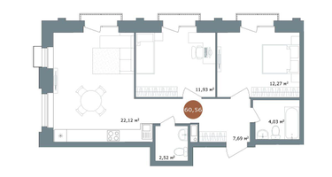 2-к. квартира, 60&nbsp;м²