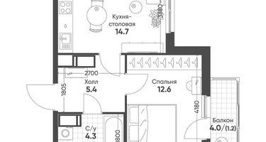 1-к. квартира, 38 м²