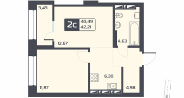 2-к. квартира, 42&nbsp;м²