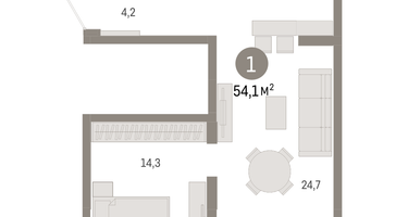 1-к. квартира, 54 м²