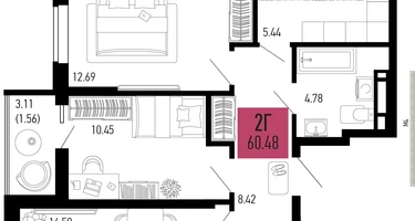 2-к. квартира, 60&nbsp;м²