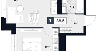 1-к. квартира, 38 м²