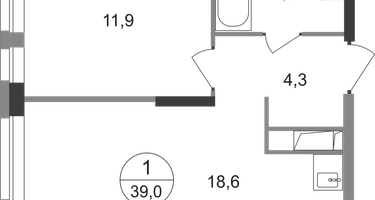 1-к. квартира, 39&nbsp;м²
