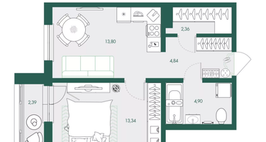 1-к. квартира, 42&nbsp;м²