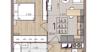 1-к. квартира, 43&nbsp;м²