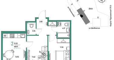 2-к. квартира, 51 м²