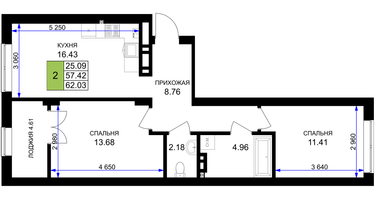 2-к. квартира, 59&nbsp;м²