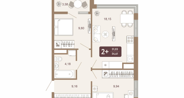 2-к. квартира, 54 м²