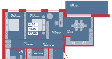 1-к. квартира, 77 м²