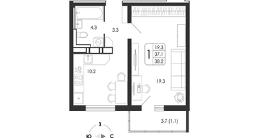 1-к. квартира, 38&nbsp;м²