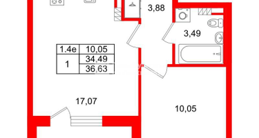 1-к. квартира, 34&nbsp;м²