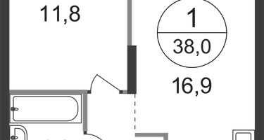 1-к. квартира, 38&nbsp;м²
