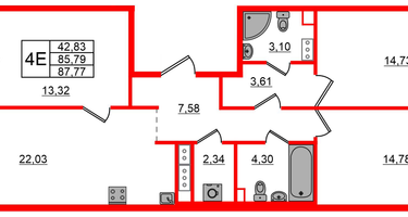 3-к. квартира, 87 м²