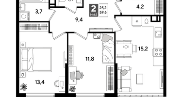 2-к. квартира, 59 м²
