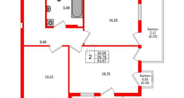 2-к. квартира, 63&nbsp;м²