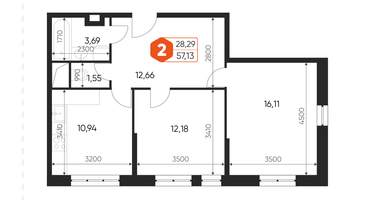 2-к. квартира, 57&nbsp;м²