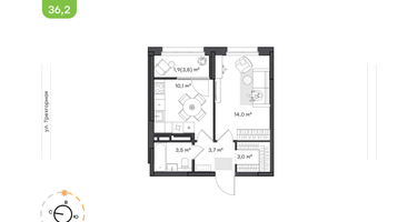 1-к. квартира, 36 м²