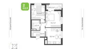 2-к. квартира, 53 м²