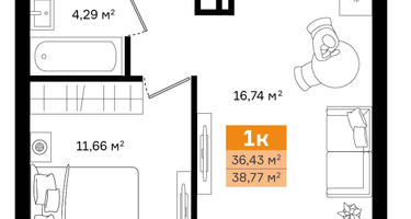1-к. квартира, 38 м²