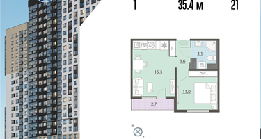 1-к. квартира, 35 м²