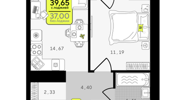 1-к. квартира, 39&nbsp;м²