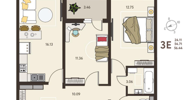 2-к. квартира, 56 м²