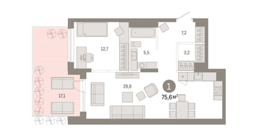 1-к. квартира, 75&nbsp;м²