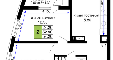 2-к. квартира, 54&nbsp;м²