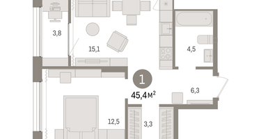1-к. квартира, 45&nbsp;м²