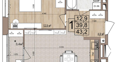 1-к. квартира, 43 м²
