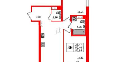 2-к. квартира, 56&nbsp;м²