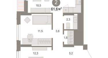 2-к. квартира, 61 м²