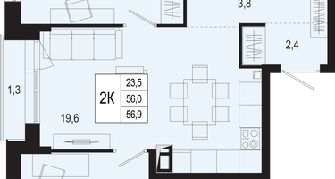 2-к. квартира, 56&nbsp;м²