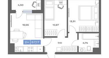 2-к. квартира, 57&nbsp;м²