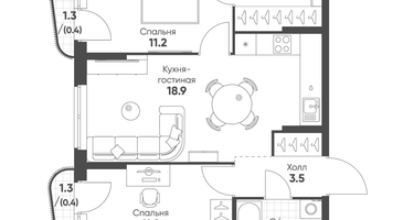 2-к. квартира, 54&nbsp;м²