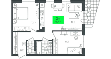 2-к. квартира, 60 м²