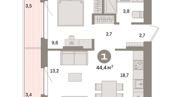 1-к. квартира, 44&nbsp;м²
