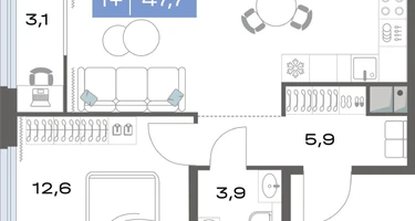 1-к. квартира, 47&nbsp;м²