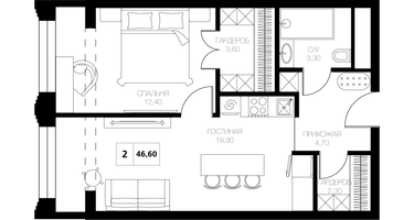2-к. квартира, 46 м²