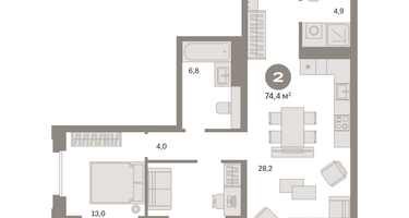 2-к. квартира, 74&nbsp;м²