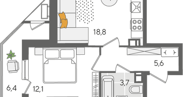 1-к. квартира, 49&nbsp;м²