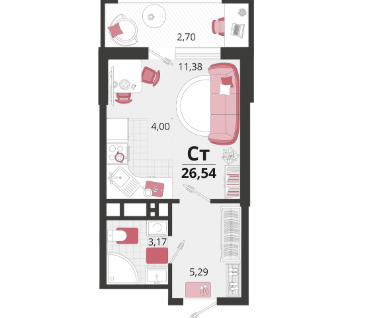 Студия, 26,5&nbsp;м²